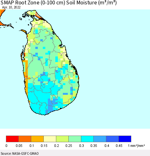 Sri Lanka SMAP Root Zone (0-100 cm) Soil Moisture (m³/m³) Thematic Map For 4/6/2022 - 4/10/2022