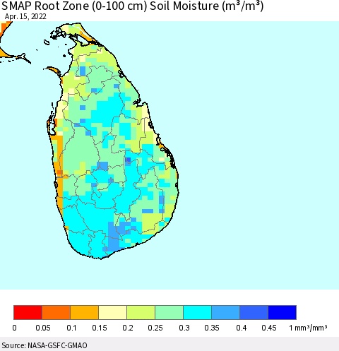 Sri Lanka SMAP Root Zone (0-100 cm) Soil Moisture (m³/m³) Thematic Map For 4/11/2022 - 4/15/2022