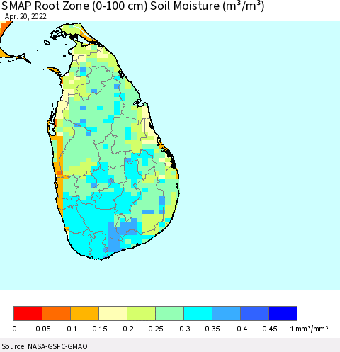 Sri Lanka SMAP Root Zone (0-100 cm) Soil Moisture (m³/m³) Thematic Map For 4/16/2022 - 4/20/2022