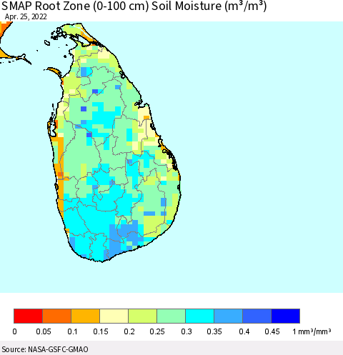 Sri Lanka SMAP Root Zone (0-100 cm) Soil Moisture (m³/m³) Thematic Map For 4/21/2022 - 4/25/2022