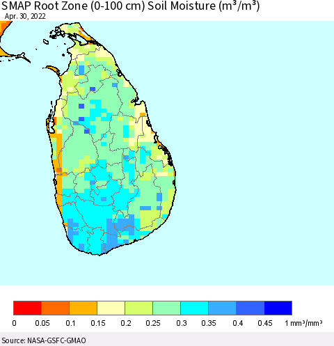 Sri Lanka SMAP Root Zone (0-100 cm) Soil Moisture (m³/m³) Thematic Map For 4/26/2022 - 4/30/2022