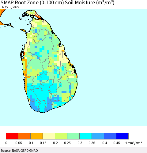 Sri Lanka SMAP Root Zone (0-100 cm) Soil Moisture (m³/m³) Thematic Map For 5/1/2022 - 5/5/2022