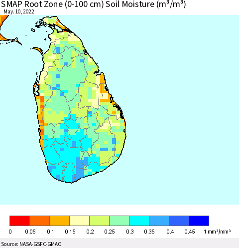 Sri Lanka SMAP Root Zone (0-100 cm) Soil Moisture (m³/m³) Thematic Map For 5/6/2022 - 5/10/2022
