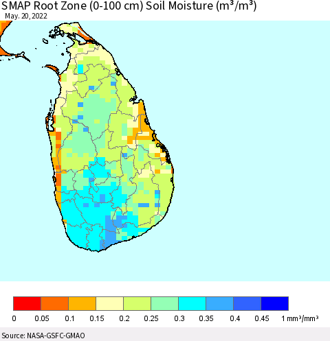 Sri Lanka SMAP Root Zone (0-100 cm) Soil Moisture (m³/m³) Thematic Map For 5/16/2022 - 5/20/2022
