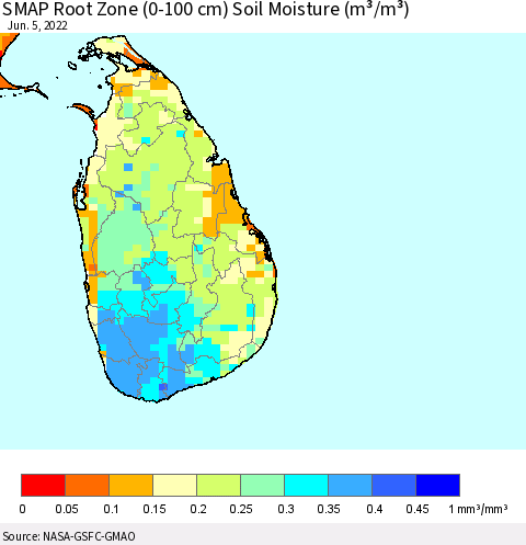 Sri Lanka SMAP Root Zone (0-100 cm) Soil Moisture (m³/m³) Thematic Map For 6/1/2022 - 6/5/2022
