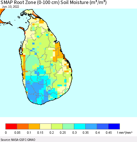 Sri Lanka SMAP Root Zone (0-100 cm) Soil Moisture (m³/m³) Thematic Map For 6/6/2022 - 6/10/2022