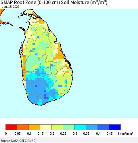 Sri Lanka SMAP Root Zone (0-100 cm) Soil Moisture (m³/m³) Thematic Map For 6/11/2022 - 6/15/2022