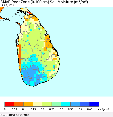 Sri Lanka SMAP Root Zone (0-100 cm) Soil Moisture (m³/m³) Thematic Map For 7/1/2022 - 7/5/2022