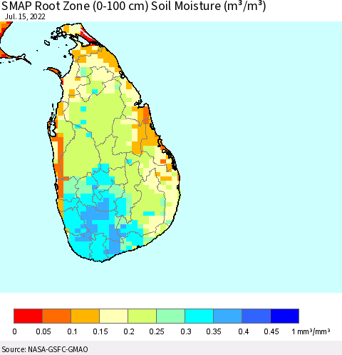 Sri Lanka SMAP Root Zone (0-100 cm) Soil Moisture (m³/m³) Thematic Map For 7/11/2022 - 7/15/2022