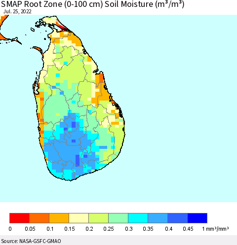 Sri Lanka SMAP Root Zone (0-100 cm) Soil Moisture (m³/m³) Thematic Map For 7/21/2022 - 7/25/2022