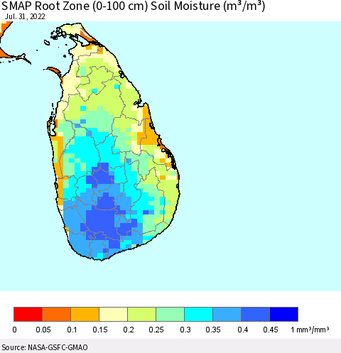Sri Lanka SMAP Root Zone (0-100 cm) Soil Moisture (m³/m³) Thematic Map For 7/26/2022 - 7/31/2022
