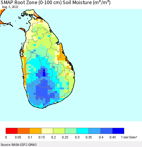 Sri Lanka SMAP Root Zone (0-100 cm) Soil Moisture (m³/m³) Thematic Map For 8/1/2022 - 8/5/2022