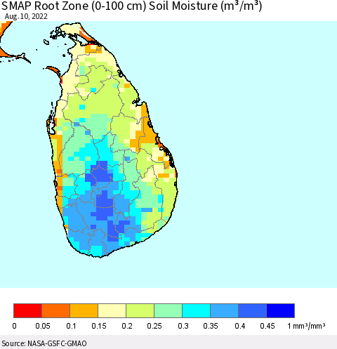 Sri Lanka SMAP Root Zone (0-100 cm) Soil Moisture (m³/m³) Thematic Map For 8/6/2022 - 8/10/2022