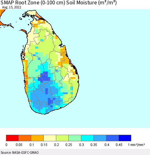 Sri Lanka SMAP Root Zone (0-100 cm) Soil Moisture (m³/m³) Thematic Map For 8/11/2022 - 8/15/2022