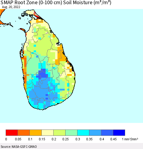 Sri Lanka SMAP Root Zone (0-100 cm) Soil Moisture (m³/m³) Thematic Map For 8/16/2022 - 8/20/2022