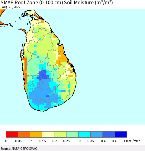 Sri Lanka SMAP Root Zone (0-100 cm) Soil Moisture (m³/m³) Thematic Map For 8/21/2022 - 8/25/2022