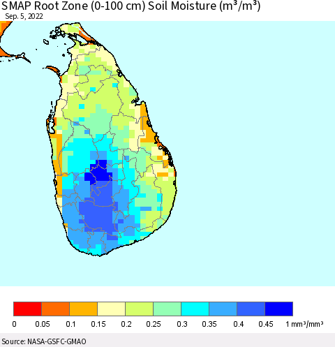 Sri Lanka SMAP Root Zone (0-100 cm) Soil Moisture (m³/m³) Thematic Map For 9/1/2022 - 9/5/2022