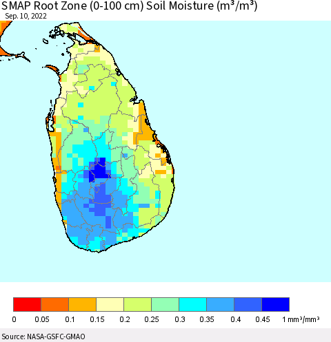Sri Lanka SMAP Root Zone (0-100 cm) Soil Moisture (m³/m³) Thematic Map For 9/6/2022 - 9/10/2022
