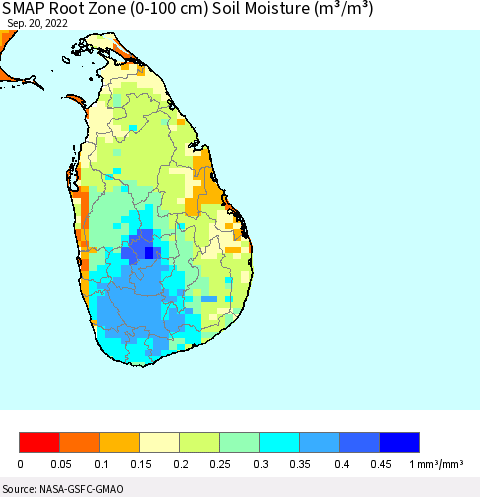 Sri Lanka SMAP Root Zone (0-100 cm) Soil Moisture (m³/m³) Thematic Map For 9/16/2022 - 9/20/2022