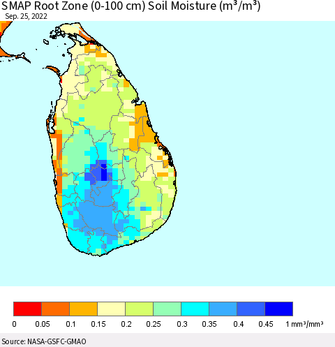 Sri Lanka SMAP Root Zone (0-100 cm) Soil Moisture (m³/m³) Thematic Map For 9/21/2022 - 9/25/2022