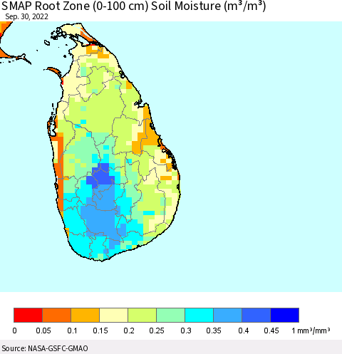 Sri Lanka SMAP Root Zone (0-100 cm) Soil Moisture (m³/m³) Thematic Map For 9/26/2022 - 9/30/2022