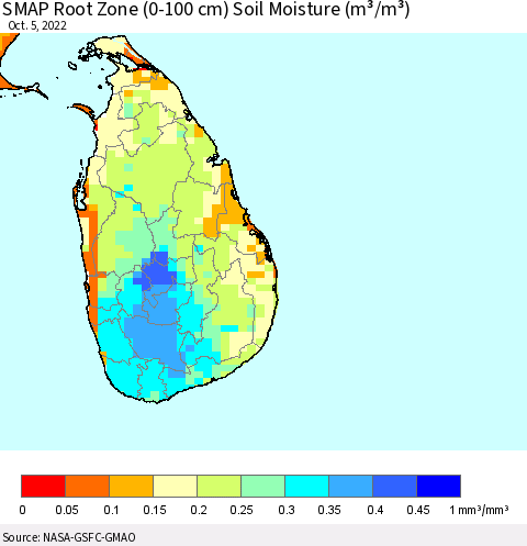 Sri Lanka SMAP Root Zone (0-100 cm) Soil Moisture (m³/m³) Thematic Map For 10/1/2022 - 10/5/2022