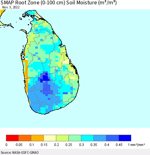 Sri Lanka SMAP Root Zone (0-100 cm) Soil Moisture (m³/m³) Thematic Map For 11/1/2022 - 11/5/2022