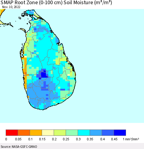 Sri Lanka SMAP Root Zone (0-100 cm) Soil Moisture (m³/m³) Thematic Map For 11/6/2022 - 11/10/2022