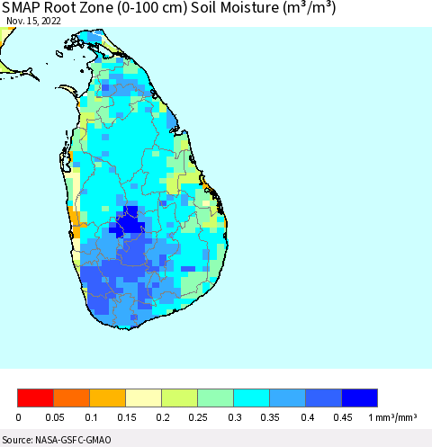 Sri Lanka SMAP Root Zone (0-100 cm) Soil Moisture (m³/m³) Thematic Map For 11/11/2022 - 11/15/2022