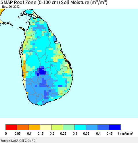 Sri Lanka SMAP Root Zone (0-100 cm) Soil Moisture (m³/m³) Thematic Map For 11/16/2022 - 11/20/2022
