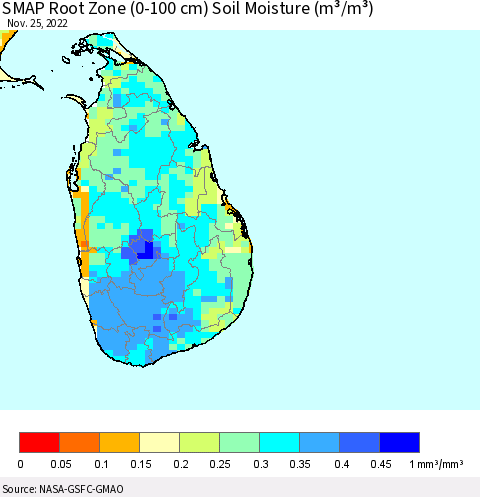 Sri Lanka SMAP Root Zone (0-100 cm) Soil Moisture (m³/m³) Thematic Map For 11/21/2022 - 11/25/2022