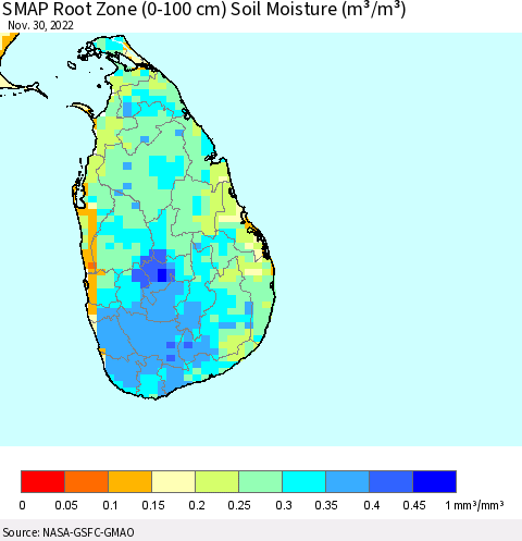 Sri Lanka SMAP Root Zone (0-100 cm) Soil Moisture (m³/m³) Thematic Map For 11/26/2022 - 11/30/2022