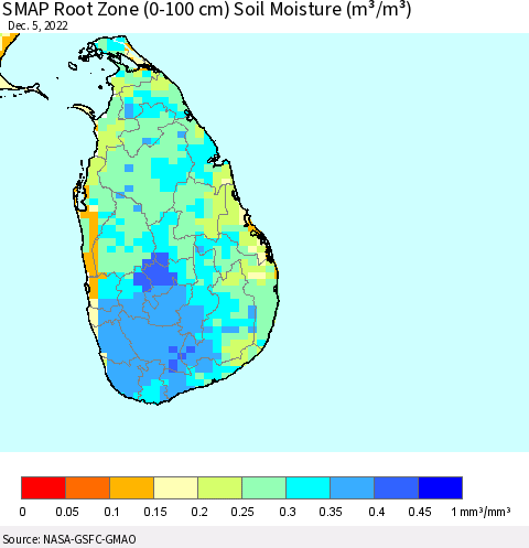 Sri Lanka SMAP Root Zone (0-100 cm) Soil Moisture (m³/m³) Thematic Map For 12/1/2022 - 12/5/2022