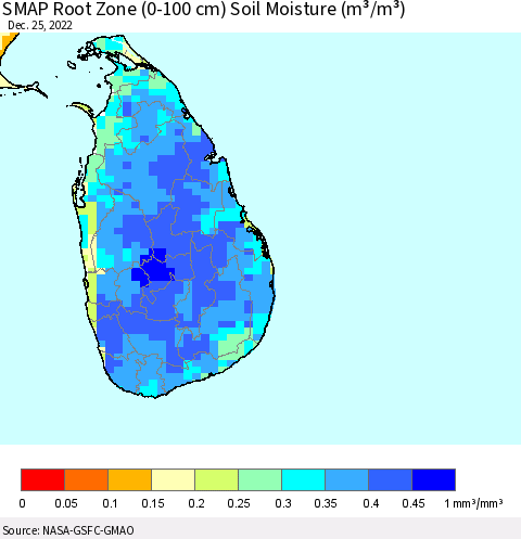 Sri Lanka SMAP Root Zone (0-100 cm) Soil Moisture (m³/m³) Thematic Map For 12/21/2022 - 12/25/2022