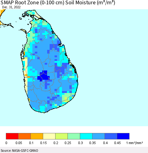 Sri Lanka SMAP Root Zone (0-100 cm) Soil Moisture (m³/m³) Thematic Map For 12/26/2022 - 12/31/2022