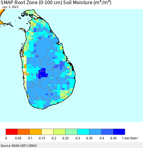 Sri Lanka SMAP Root Zone (0-100 cm) Soil Moisture (m³/m³) Thematic Map For 1/1/2023 - 1/5/2023