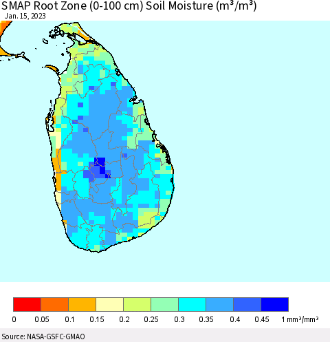 Sri Lanka SMAP Root Zone (0-100 cm) Soil Moisture (m³/m³) Thematic Map For 1/11/2023 - 1/15/2023