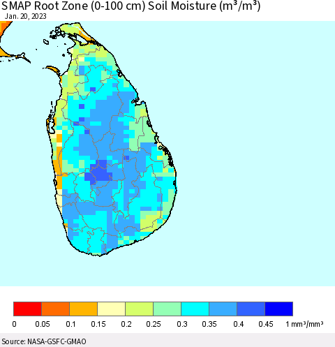 Sri Lanka SMAP Root Zone (0-100 cm) Soil Moisture (m³/m³) Thematic Map For 1/16/2023 - 1/20/2023
