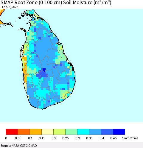 Sri Lanka SMAP Root Zone (0-100 cm) Soil Moisture (m³/m³) Thematic Map For 2/1/2023 - 2/5/2023