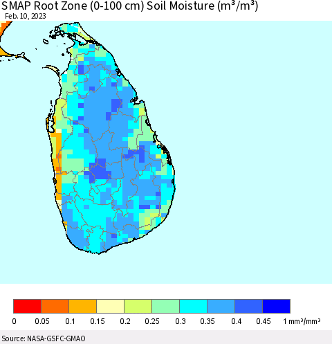 Sri Lanka SMAP Root Zone (0-100 cm) Soil Moisture (m³/m³) Thematic Map For 2/6/2023 - 2/10/2023