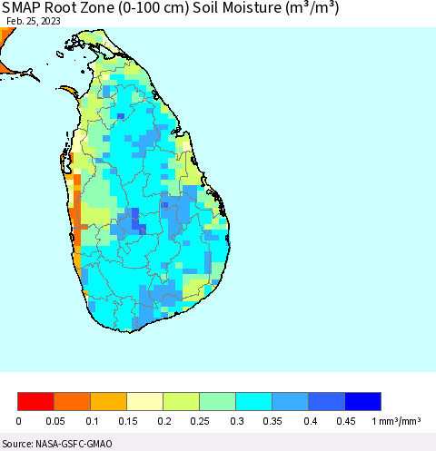 Sri Lanka SMAP Root Zone (0-100 cm) Soil Moisture (m³/m³) Thematic Map For 2/21/2023 - 2/25/2023