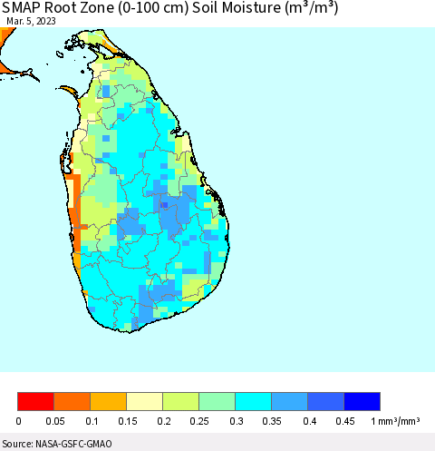 Sri Lanka SMAP Root Zone (0-100 cm) Soil Moisture (m³/m³) Thematic Map For 3/1/2023 - 3/5/2023