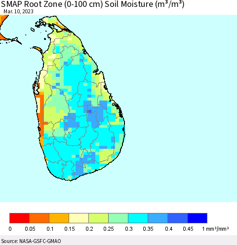 Sri Lanka SMAP Root Zone (0-100 cm) Soil Moisture (m³/m³) Thematic Map For 3/6/2023 - 3/10/2023