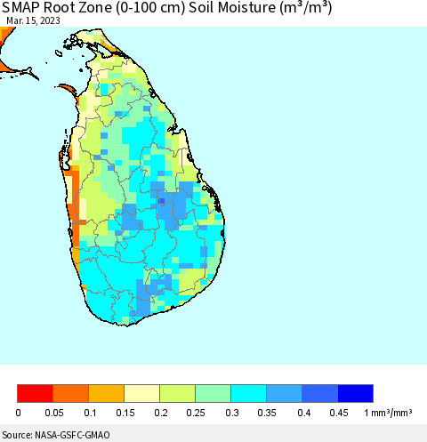 Sri Lanka SMAP Root Zone (0-100 cm) Soil Moisture (m³/m³) Thematic Map For 3/11/2023 - 3/15/2023