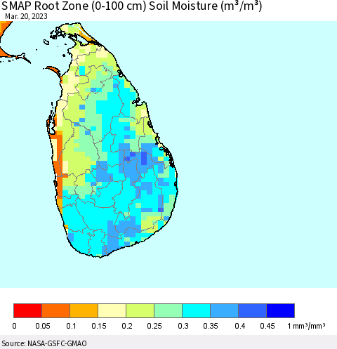 Sri Lanka SMAP Root Zone (0-100 cm) Soil Moisture (m³/m³) Thematic Map For 3/16/2023 - 3/20/2023