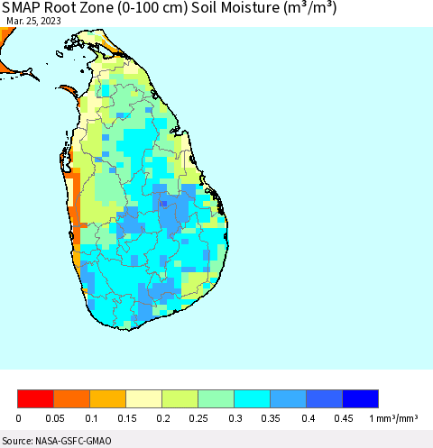 Sri Lanka SMAP Root Zone (0-100 cm) Soil Moisture (m³/m³) Thematic Map For 3/21/2023 - 3/25/2023