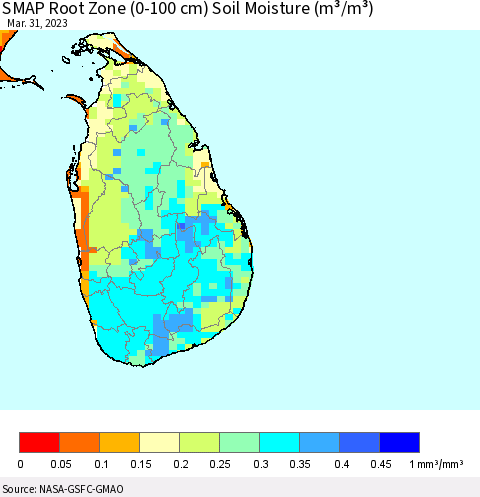 Sri Lanka SMAP Root Zone (0-100 cm) Soil Moisture (m³/m³) Thematic Map For 3/26/2023 - 3/31/2023