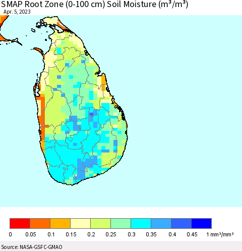 Sri Lanka SMAP Root Zone (0-100 cm) Soil Moisture (m³/m³) Thematic Map For 4/1/2023 - 4/5/2023