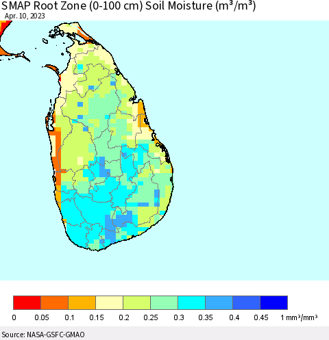 Sri Lanka SMAP Root Zone (0-100 cm) Soil Moisture (m³/m³) Thematic Map For 4/6/2023 - 4/10/2023