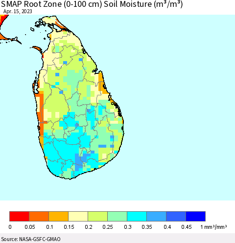 Sri Lanka SMAP Root Zone (0-100 cm) Soil Moisture (m³/m³) Thematic Map For 4/11/2023 - 4/15/2023